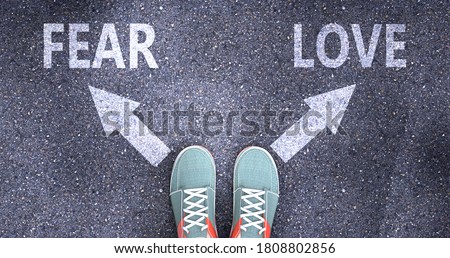 Fear and love as different choices in life - pictured as words Fear, love on a road to symbolize making decision and picking either Fear or love as an option, 3d illustration