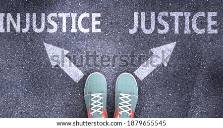 Injustice and justice as different choices in life - pictured as words Injustice, justice on a road to symbolize making decision and picking either Injustice or justice as an option, 3d illustration Foto stock © 