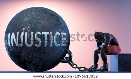 Injustice as a heavy weight in life - symbolized by a person in chains attached to a prisoner ball to show that Injustice can cause suffering, 3d illustration Foto stock © 
