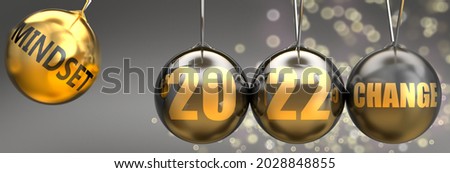 Mindset as a driving force of a change in the new year 2022 - pictured as a swinging sphere with phrase Mindset giving momentum to 2022 that leads to a change, 3d illustration