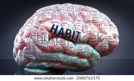 Habit in human brain, hundreds of crucial terms related to Habit projected onto a cortex to show broad extent of this condition  and to explore important concepts linked to Habit, 3d illustration Foto d'archivio © 