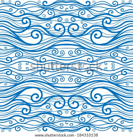 Sea waves hand-drawn pattern for wallpaper, web page background or surface textures. Abstract background, modern futuristic wave pattern, raster illustration
