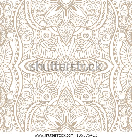 Seamless background, retro geometric ornament, lace pattern, abstract decoration, hand-drawn artwork, sketch, beige on white, raster version