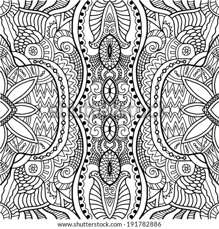 Abstract decoration, retro floral and geometric ornament, lace seamless pattern, ethnic background, hand-drawn sketch artwork, card design, raster version black and white
