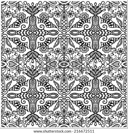 Black and white abstract background, ethnic decoration, retro floral and geometric ornament, seamless lace pattern, raster illustration