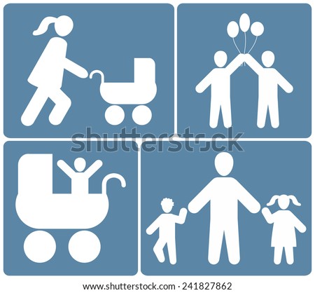 People family icons set, white silhouette on blue background, vector illustration