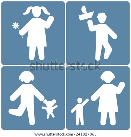 People icons set, children white silhouette on blue background, vector illustration