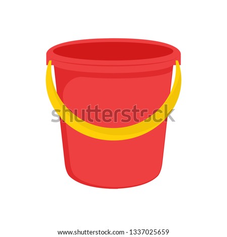 Red plastic bucket with a yellow handle. Isolated white background. A bucketful for washing food, water and drink. Household chores pail. Vector illustration. EPS 10.