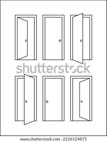 6 doors, opened and closed, left and right, door icons, flat lines, vector, true to scale, scalable, customizable
