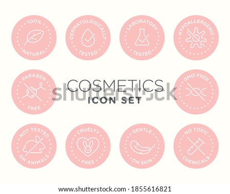 Cosmetics round isolated product vector icon set, round badge line art style illustration.
