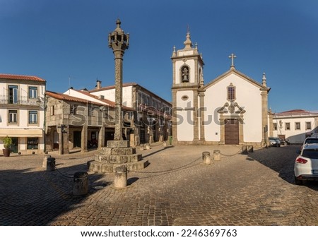 View of the pillory and church of Saint Peter in the historic center of the city of Trancoso in Portugal. Stockfoto © 