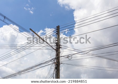 Light poles, power lines and blue sky.