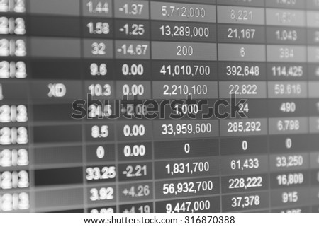 Stock market chart,Stock market data on LED display concept.Black and white photography.