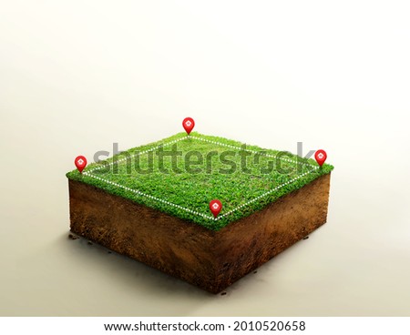 House symbol with location pin icon on cubicle soil and geology cross section with green grass, ground ecology isolated on light color. real estate sale, property investment concept. 3d illustration.