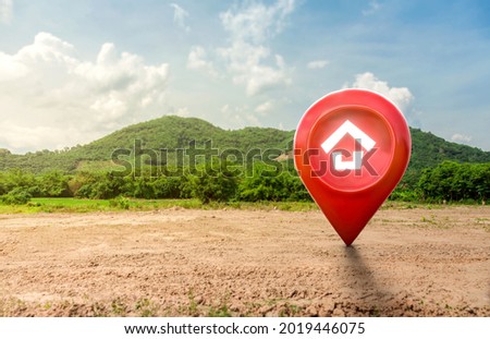 House symbol with location pin icon on empty dry cracked swamp reclamation soil in real estate sale or property investment concept, Buying new home for family - 3d illustration of big advertising sign Imagine de stoc © 