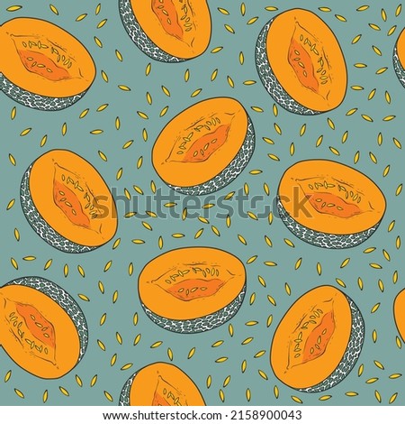 Pattern with melon halves and seeds on mint background