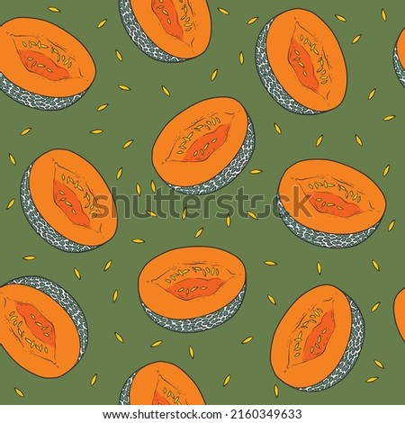 Pattern with melon halves on green background