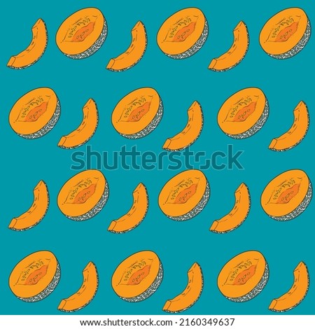 Pattern with melon slices and halves on blue background