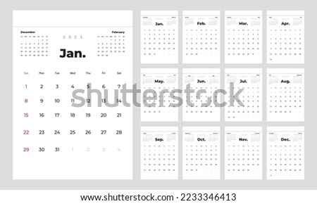 Minimalist style monthly calendar template for 2023 year. English calendar. Week starts on Sunday. Set of 12 months. Page with previous, current and future month. Vertical calendar for print