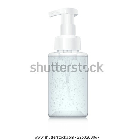 Transparent square bottle with blue liquid. Pump for foam soap isolated on white background. Clear plastic flacon mockup template. Packaging mock up. Realistic 3d vector foam soap dispenser. 450 ml