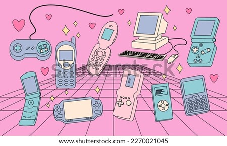 Set of retro games, consoles, mp3 player, flip phone, computer. 2000s style technology. Old style gadgets. Nostalgia set of 1990s, 2000s electronics devices. Y2K and retrowave style illustration