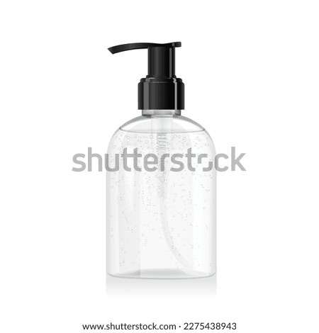 Clear glass bottle with pump with liquid inside  isolated on white background. Transparent plastic packaging. Shampoo, sanitizer or liquid soap dispenser. 3d vector cosmetic bottle mockup template