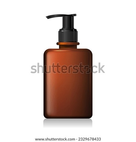 Blank matt brown glass bottle mockup with black pump isolated on white background. Square shape dark amber glass package. Realistic shampoo or soap dispenser. 3d vector healthcare mockup template.