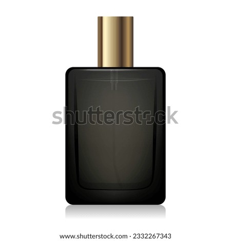 Black glass perfume bottle mockup with golden spray and cap. 3d vector square shape bottle for fragrance. Packaging for beauty product. Elegant cosmetic bottle. Realistic bottle mockup template