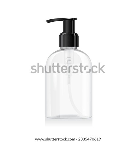 Blank clear glass bottle mockup with pump isolated on white background. Translucent plastic packaging. Realistic shampoo, sanitizer or liquid soap dispenser. 3d vector cosmetic bottle mockup template.