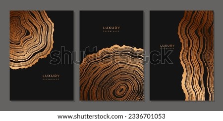 Set of templates. Luxury golden background with wood annual rings texture. Banner with tree ring pattern. Stamp of tree trunk in section. Natural wooden concentric circles. Black and bronze background