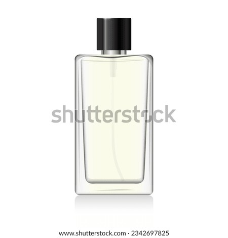 Clear glass perfume bottle mockup with silver black spray and cap. 3d vector rectangular shape bottle for fragrance. Packaging for beauty product. Cosmetic bottle. Realistic bottle mockup template