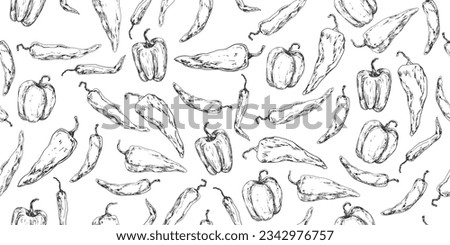 Seamless pattern with hot peppers sketches. Background with paprika illustration. Hand drawn pepper and chilli on white background. Black and white vegetables. Drawing with hatching paprika.