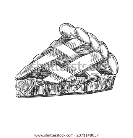 Slice of apple pie with braided crust. Sketch style piece of pie. Black and white engraving style sweet cake