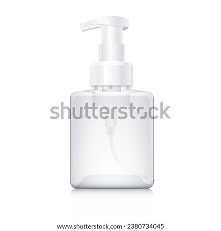 Transparent square bottle with pump for foam soap isolated on white background. Plastic flacon mockup template. Packaging mock up. Realistic 3d vector foam soap dispenser.