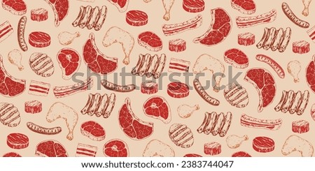 Seamless pattern with beef steaks, chicken leg, lamb ribs, pork ham, salo, sausage. Raw meat. Hand drawn beef steak  Beef medallion. Vintage engraving. Background with butcher shop product