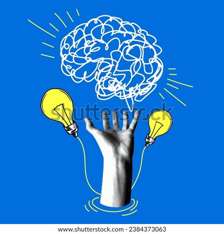 Pop art style collage. Halftone hand controls brain. Brain, light bulb. Intelligence, knowledge accumulation. Сut out newspaper elements. Modern design. Idea, inspiration, marketing concept.