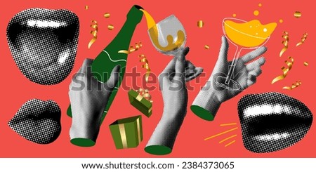 Hands pour champagne. Set of halftone hands, lips, smile, bottle of champagne. Gift box, confetti. Trendy modern newspaper collage. People drink at party. New year, Christmas, Birthday celebration