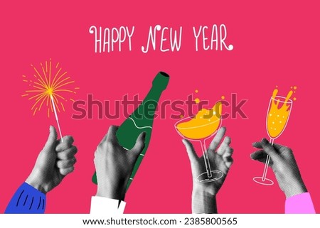 Group people drink wine, champagne. Halftone hands holding glasses, sparklers, bottle of champagne. People celebrate event together. New Year or Christmas party. Modern collage. Newspaper elements