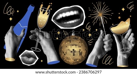 New year, Christmas celebration. Set of halftone hands holding drinks, bottle of champagne. Retro halftone lips, disco ball. Trendy vintage newspaper collage. People drink wine, champagne at party