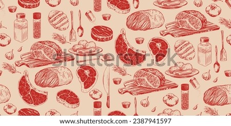 Seamless pattern with meat. Sketch style steak. Hand drawn ribeye steak, pork ham. Roast beef on cutting board. Bone in ribeye steak. Grilled meat. Spice jars, knife, kitchen utensils. Kitchenware