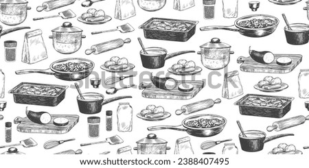 Seamless pattern with kitchen utensils. Cooking pot, saucepan, spice pack, pepper shaker, frying pan, rolling pin, cutting board, spoon isolated on white. Hand drawn illustration. Cookware. Background