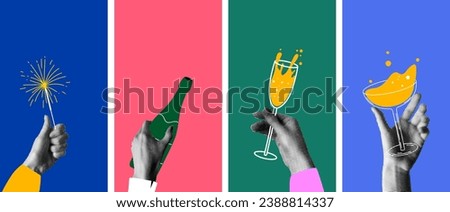 Set of templates for social media with human hands holding drinks, sparklers, bottle of champagne. People celebrate event together. New Year or Christmas party. Modern halftone collage. Newspaper
