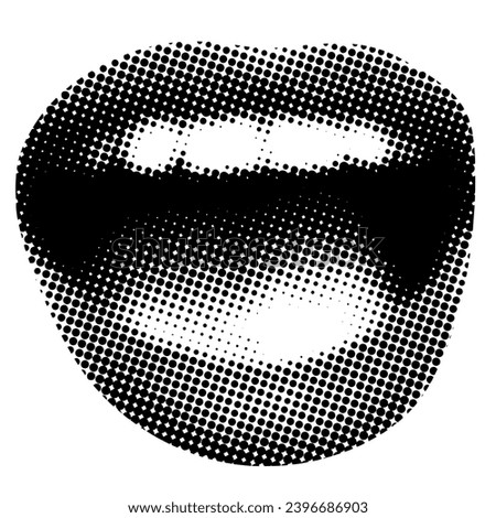 Retro halftone mouth. Modern collage. Woman's smile. Pop art dotted style. Laughing mouth. Trendy vintage newspaper parts. Lips with halftone texture. Paper cutout element. Y2K style. Body part