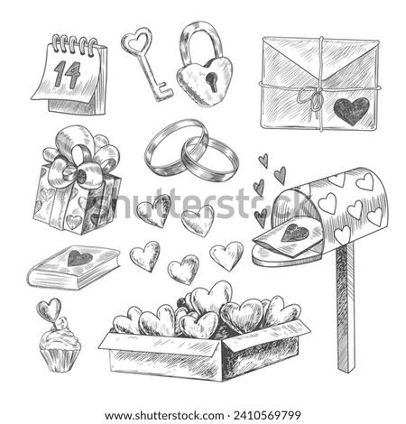 Set of Valentines day design elements. Hand drawn mailbox, gift box, box with hearts, heart-shaped lock and key, love letter, book, wedding rings, cupcake, tear-off calendar. Sketch style collection