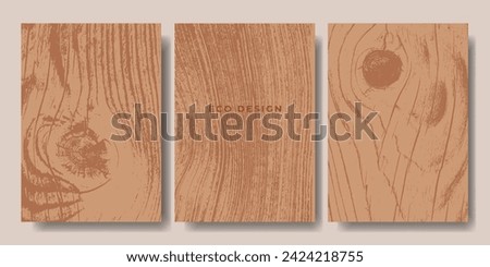 Set of wooden templates. Eco concept background with wood annual rings texture. Banner with tree ring pattern. Stamp of tree trunk in section. Natural wooden concentric circles. Natural background