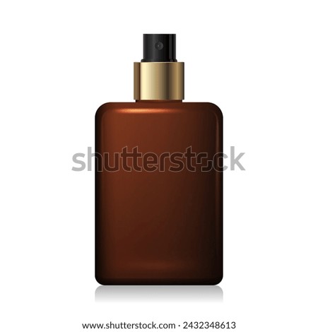 Blank matt brown glass bottle mockup with gold spray isolated on white background. Square shape dark amber glass package. Realistic spray dispenser. 3d vector cosmetic package mockup template.