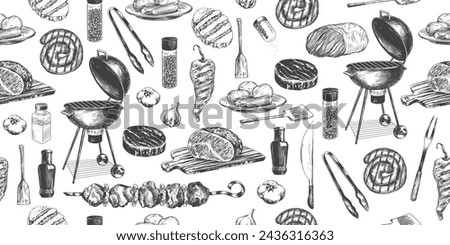 Seamless pattern with grilled meat and bbq equipment. Background with bbq food and tool. Hand drawn grilled steak, sausage, shish kebab. Roast beef on cutting board. Kitchen utensils. Kitchenware