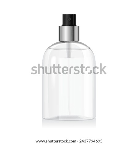 Blank clear glass bottle mockup with open silver spray isolated on white background. Transparent plastic packaging. Spray dispenser. Packaging for beauty product, conditioner. Cosmetic bottle