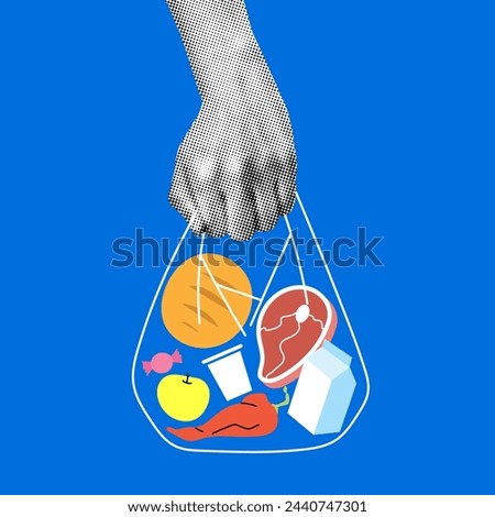 Retro halftone hand holding bag of food. Cost of living. Modern collage. Hand holds a package with vegetables, fruits, meat, bread, milk. Food price inflation. Person carries food