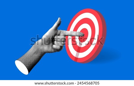 Halftone hand points to the center of target. Index finger pointing at darts. Modern collage. Successful business idea concept. Hitting the target. Achieving the goal. Work problem resolution 